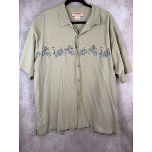 Paradise Blue Shirt Men 2X Green Silk Embroidered Tropical Cocktail Camp Martini